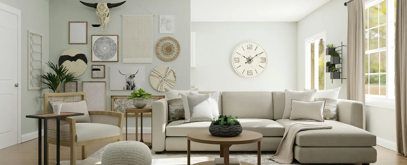 Bright modern living room with beige sectional sofa, woven wall art, round coffee table, and large windows with curtains.
