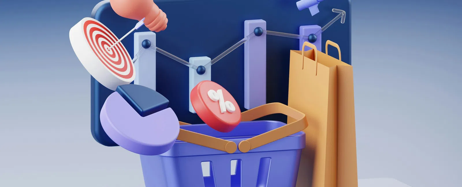 3D shopping basket with target, pie chart, percentage icon, megaphone, and shopping bag against a blue graph background.