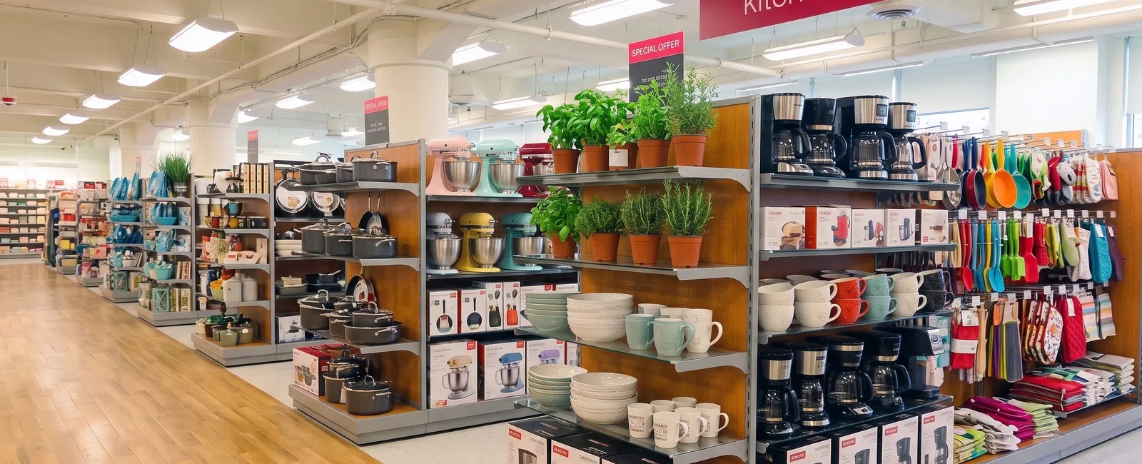 Modern kitchenware aisle in store with coffee makers, cookware, potted herbs, cups, and colorful utensils on display.