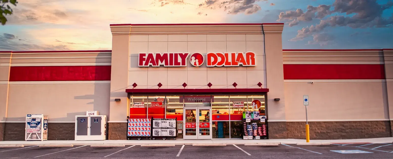 Family Dollar store exterior at sunset with parking lot and signage clearly visible