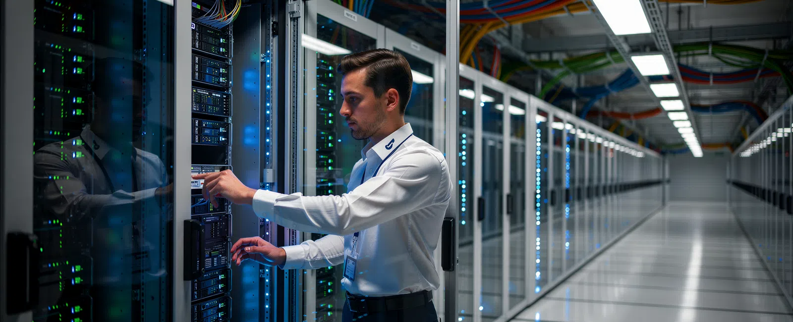 Technician working on server racks inside a modern data center with blue status lights and organized cables.
