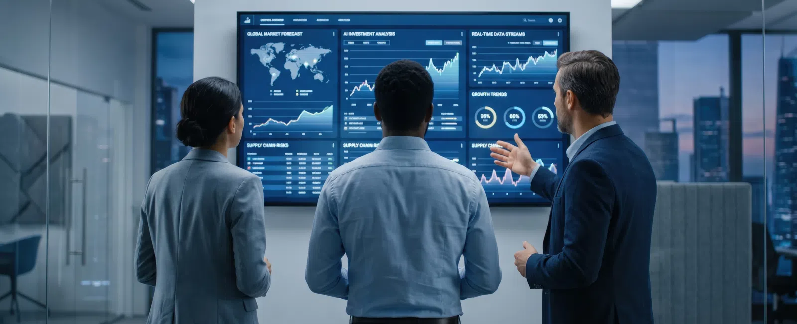 Three business professionals analyzing global market data and charts on a large screen in a modern office.