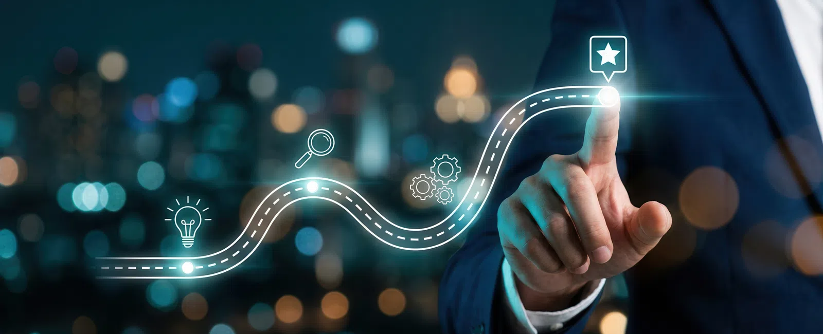 Businessman pointing at a glowing star on a path representing innovation, search, process, and success against city lights.