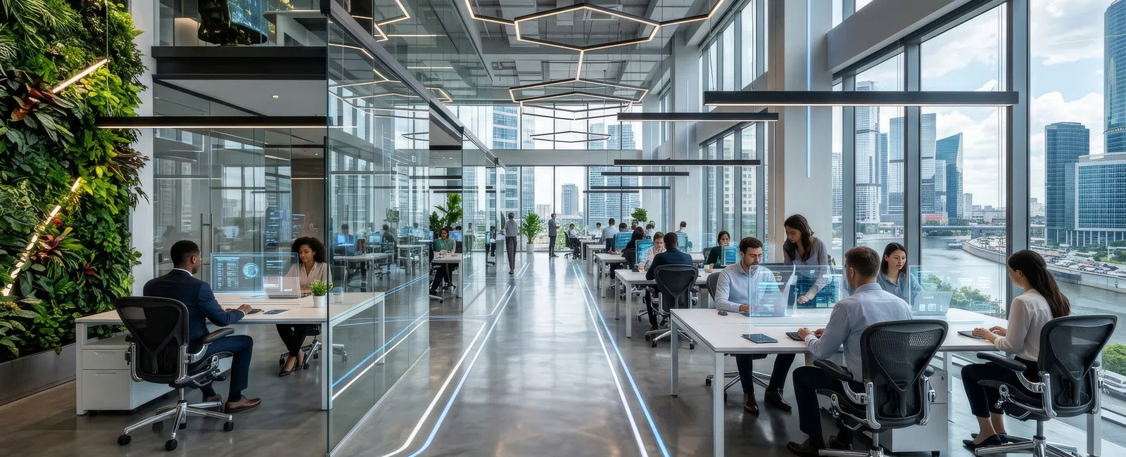 Modern open office with glass walls, green plant wall, and employees working at desks with city view.