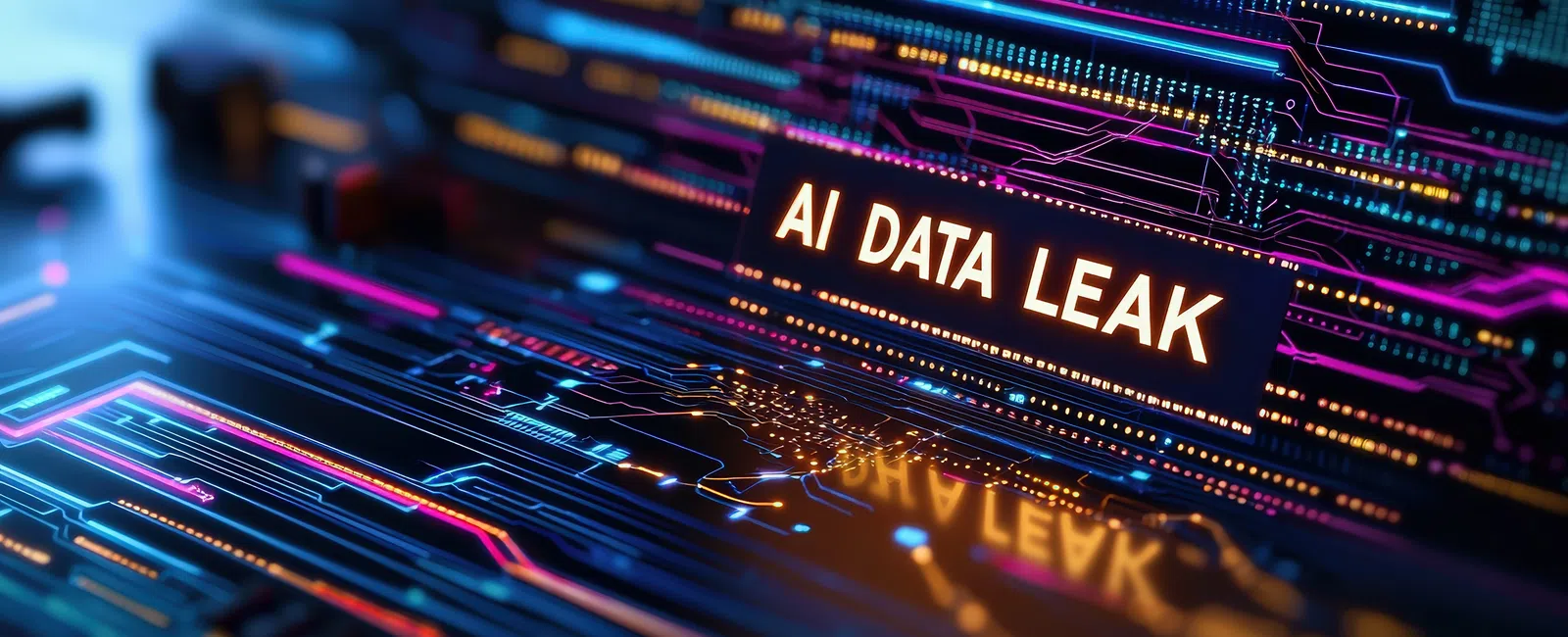 Close-up of a circuit board with glowing AI data leak warning and neon digital lines in blue and orange colors.