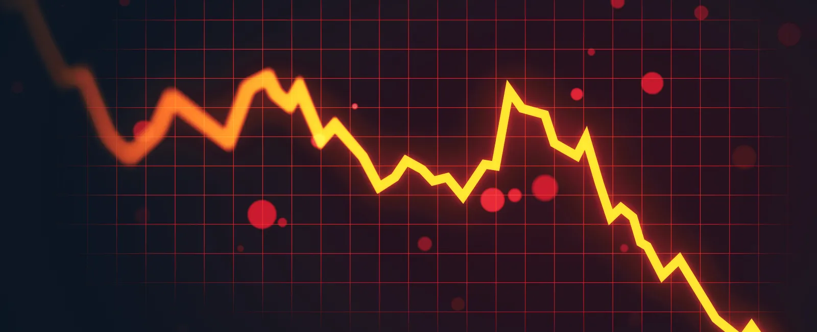 Bright yellow downward trending arrow graph on dark red grid background representing financial decline.