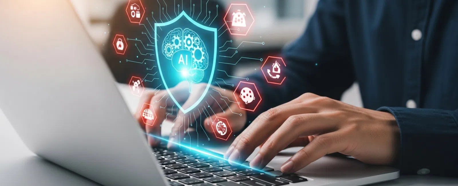 Person typing on laptop with AI security shield and digital icons representing artificial intelligence protection.