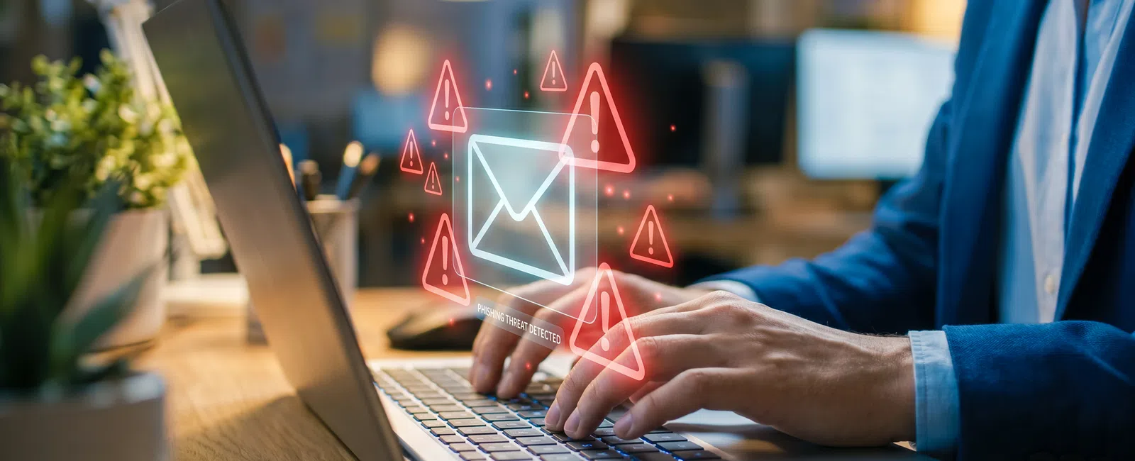 Person typing on laptop with digital email alert icons representing cybersecurity threat detection.