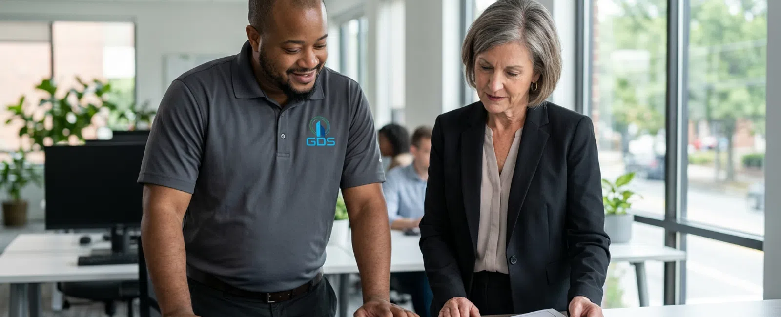 A GDS service technician in a charcoal gray polo studies an unlabeled building floor plan with a Norcross property manager in a commercial