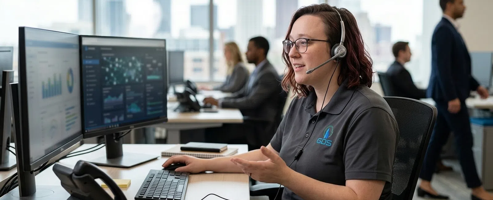 A focused support-desk dispatcher in a charcoal-gray polo and headset guides an Atlanta CPA through secure remote tax-file review by phone