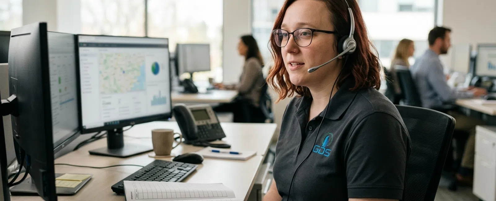 A focused dispatcher in a charcoal gray polo and headset handles a law firm client’s support call at a tidy support desk, with a blank