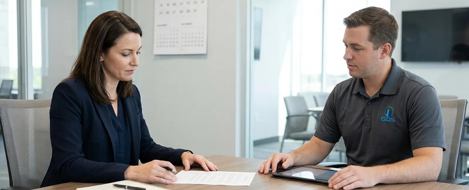 A law-firm managing partner and IT advisor review a blank service agreement at a quiet conference table, with a wall calendar nearby
