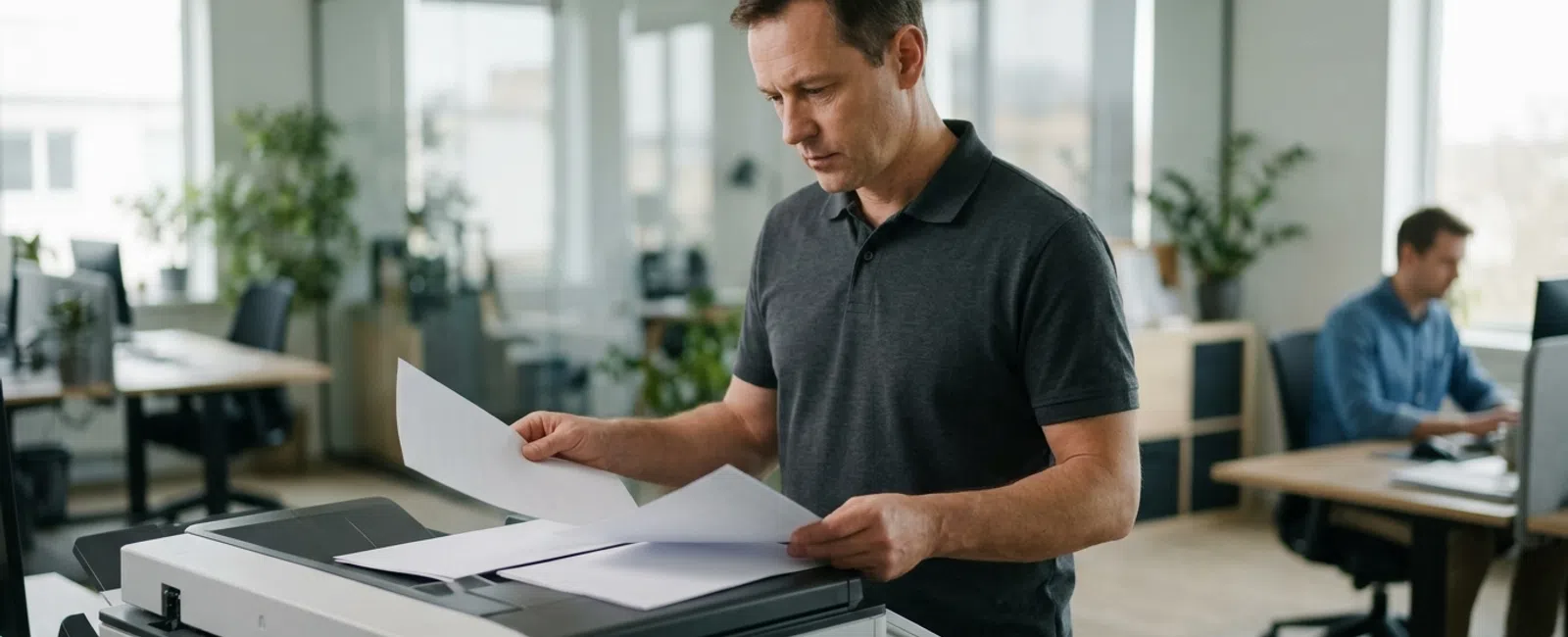 In a small-business office, an owner carefully compares blank managed print contract pages beside a shared copier before choosing a provider