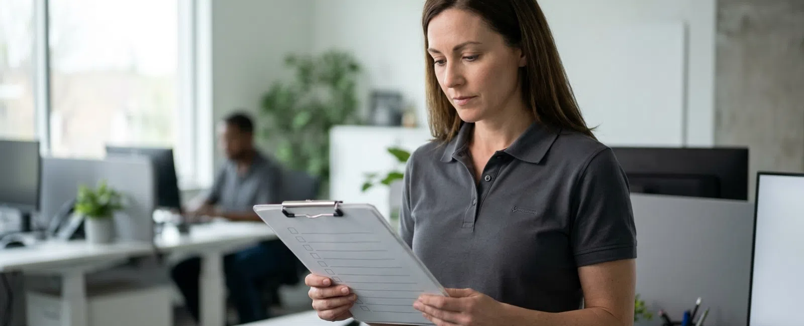 A focused office manager reviews a blank incident-response and recovery checklist on a clipboard in a quiet small-business office