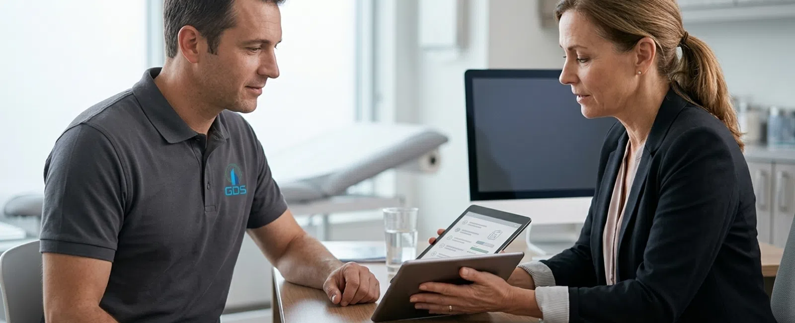 A GDS consultant and medical practice manager review a text-free support responsibilities checklist together in a clinic consultation room