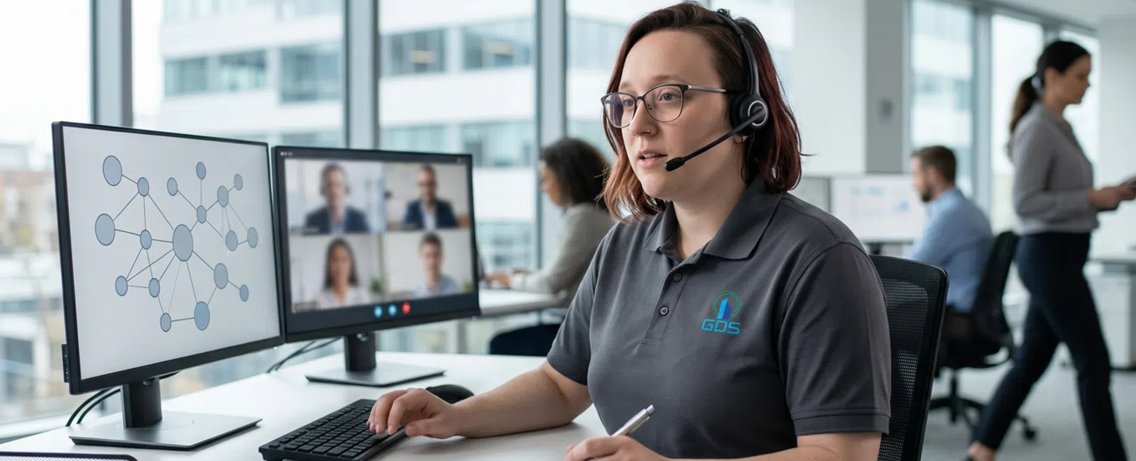 A focused dispatcher in a charcoal gray polo and headset handles a CRE property manager’s call at the support desk, with a modern