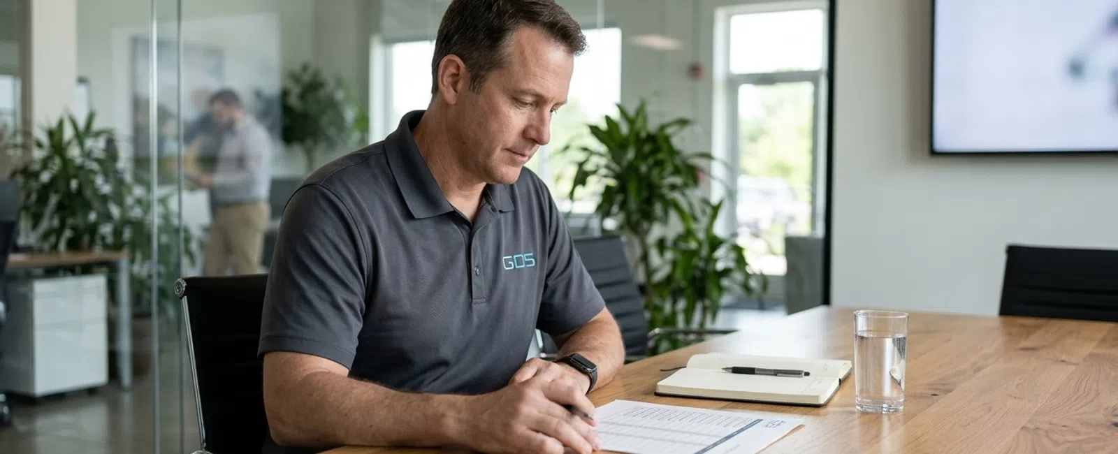 In a Fishers small-business office, an owner quietly reviews a blank IT provider evaluation checklist at a conference table before choosing