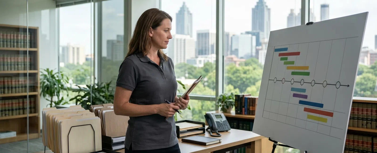 In an Atlanta law office, a focused administrator checks a blank onboarding timeline beside neatly arranged case folders, Midtown’s skyline