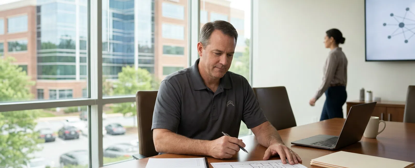 A Norcross commercial property manager quietly compares blank technology-support notes with a building floor plan in a conference room