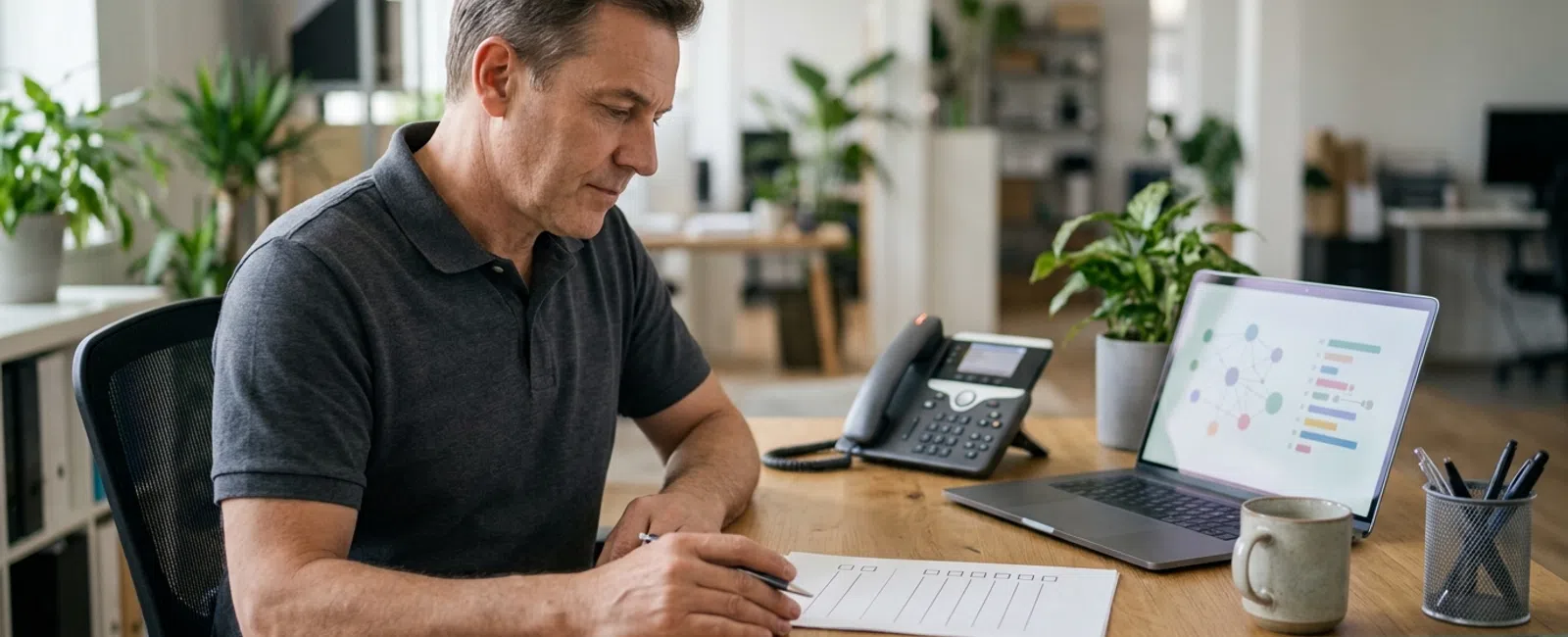 In a quiet small-business office, an owner reviews a blank risk-assessment checklist beside a ringing phone, deciding whom to call for