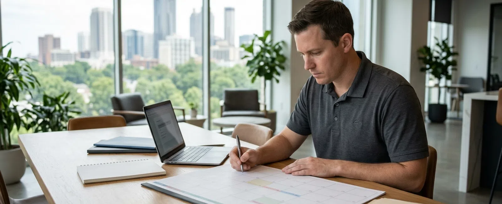 A focused Atlanta property manager tallies setup expenses on a blank budgeting calendar at a leasing office table, with Midtown’s skyline