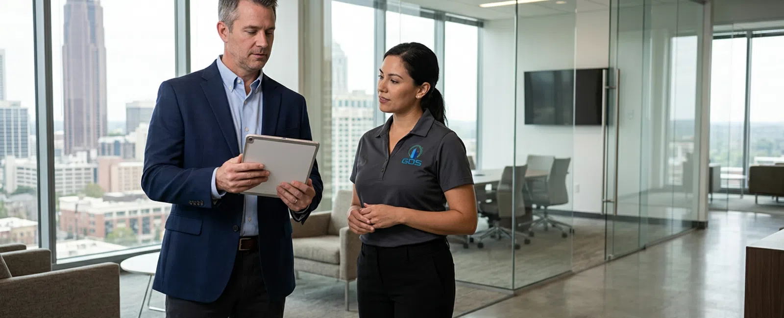 A commercial property manager in an Atlanta high-rise reviews a blank security response checklist with an IT partner, Midtown’s skyline