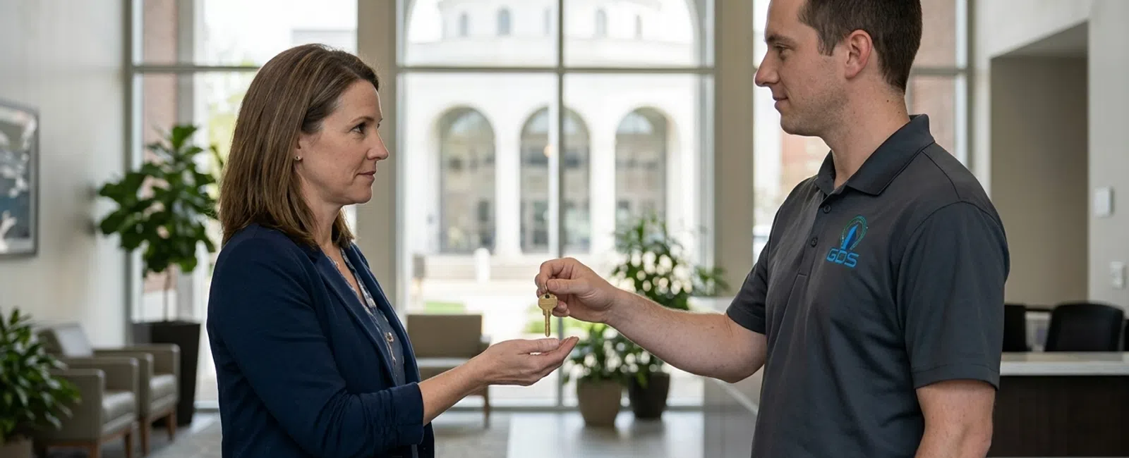A Carmel small-business owner carefully receives a plain brass office key from an outgoing IT provider in a quiet lobby, with the