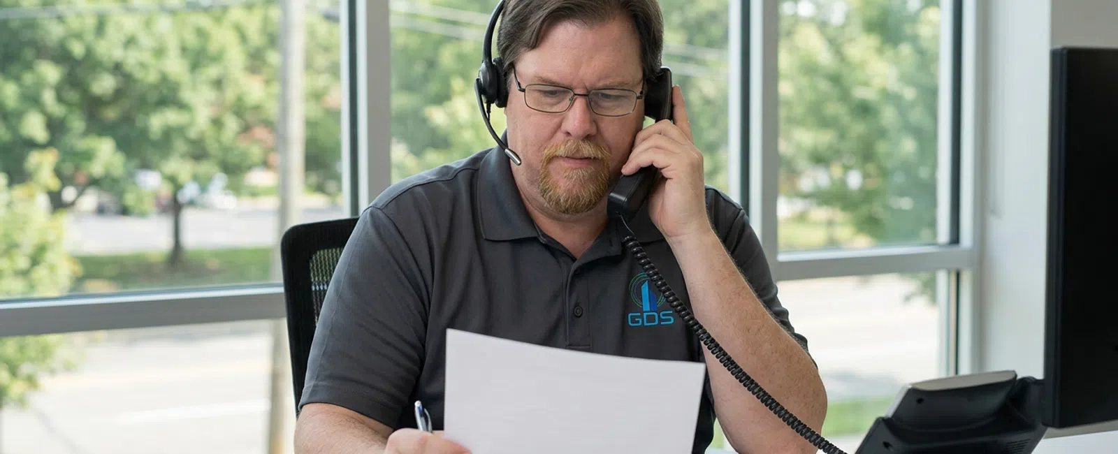 A focused Helpdesk T2 in a charcoal gray polo and headset reviews a blank agreement at the support desk while assisting a Norcross client