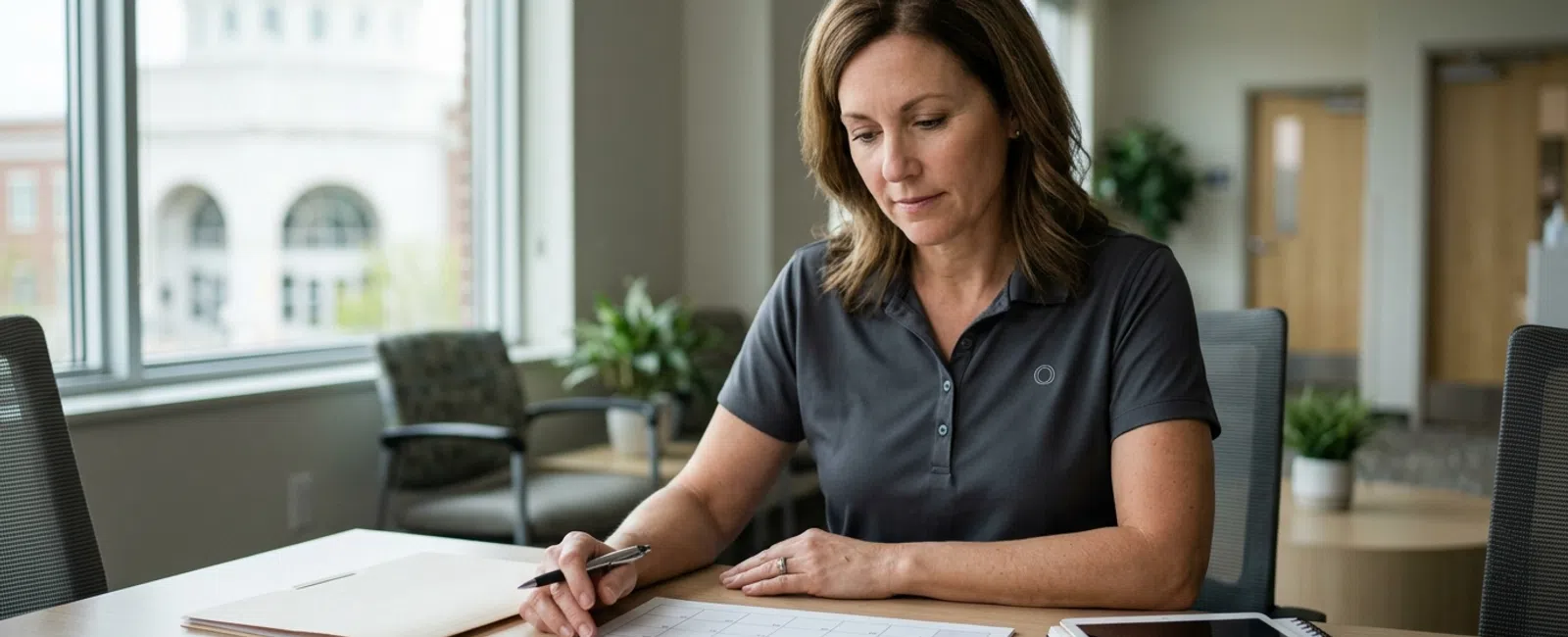 A Carmel medical office manager studies a blank IT support budget calendar at a clinic table, with the Palladium’s white arches visible
