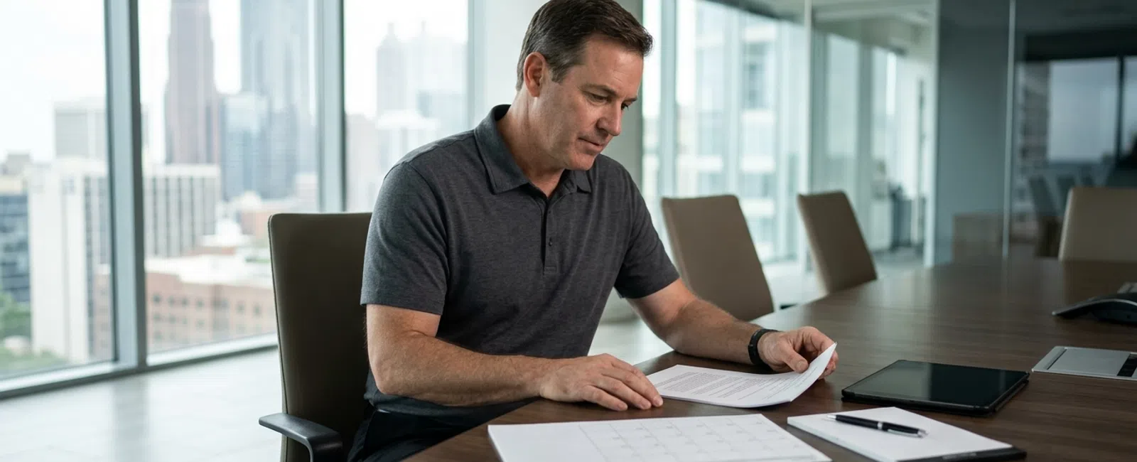 In an Atlanta law firm’s conference room, a focused managing partner reviews a blank service agreement and term calendar, with the city
