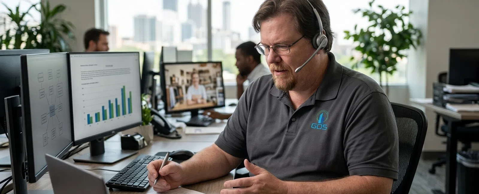 A focused Helpdesk T2 in a charcoal-gray polo and headset reviews a blank monthly service-cost worksheet while assisting a small Atlanta