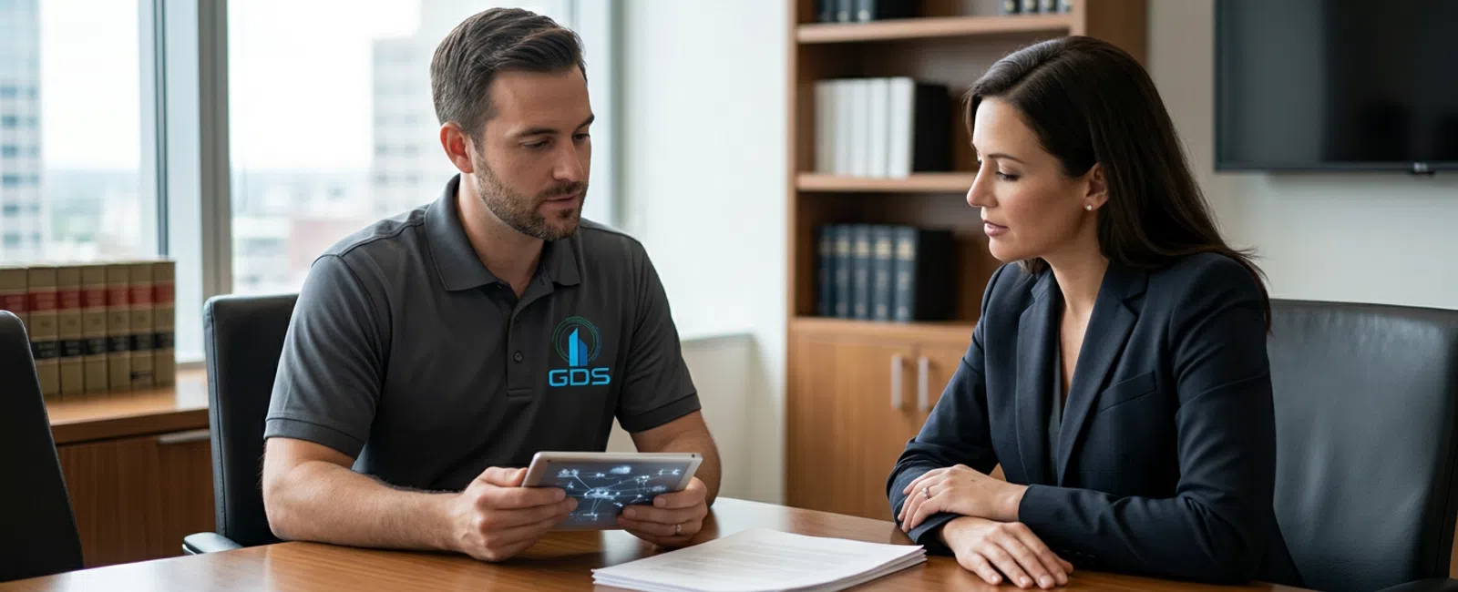 In a quiet law office, a charcoal-polo IT technician reviews a blank managed-services agreement with an attorney across a conference table