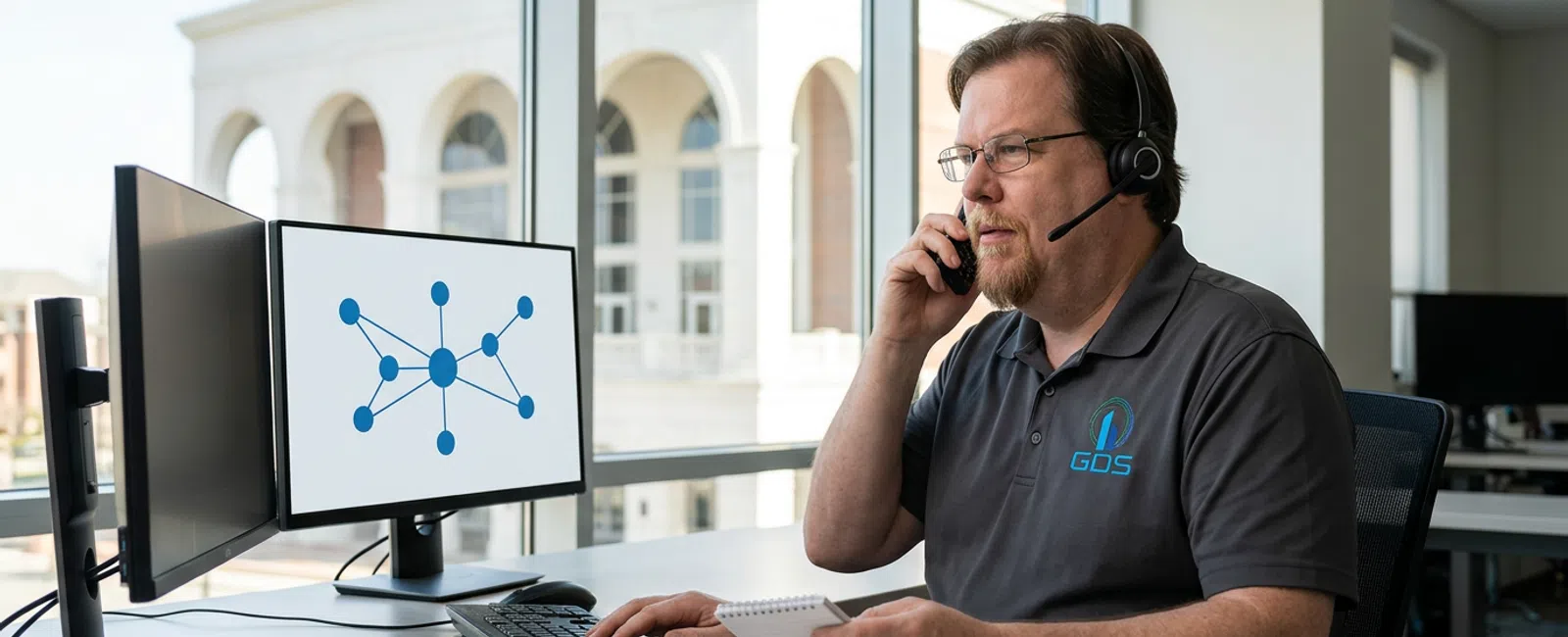 A focused Helpdesk T2 in a charcoal gray polo and headset resolves a Carmel property manager’s support issue by phone at a quiet service
