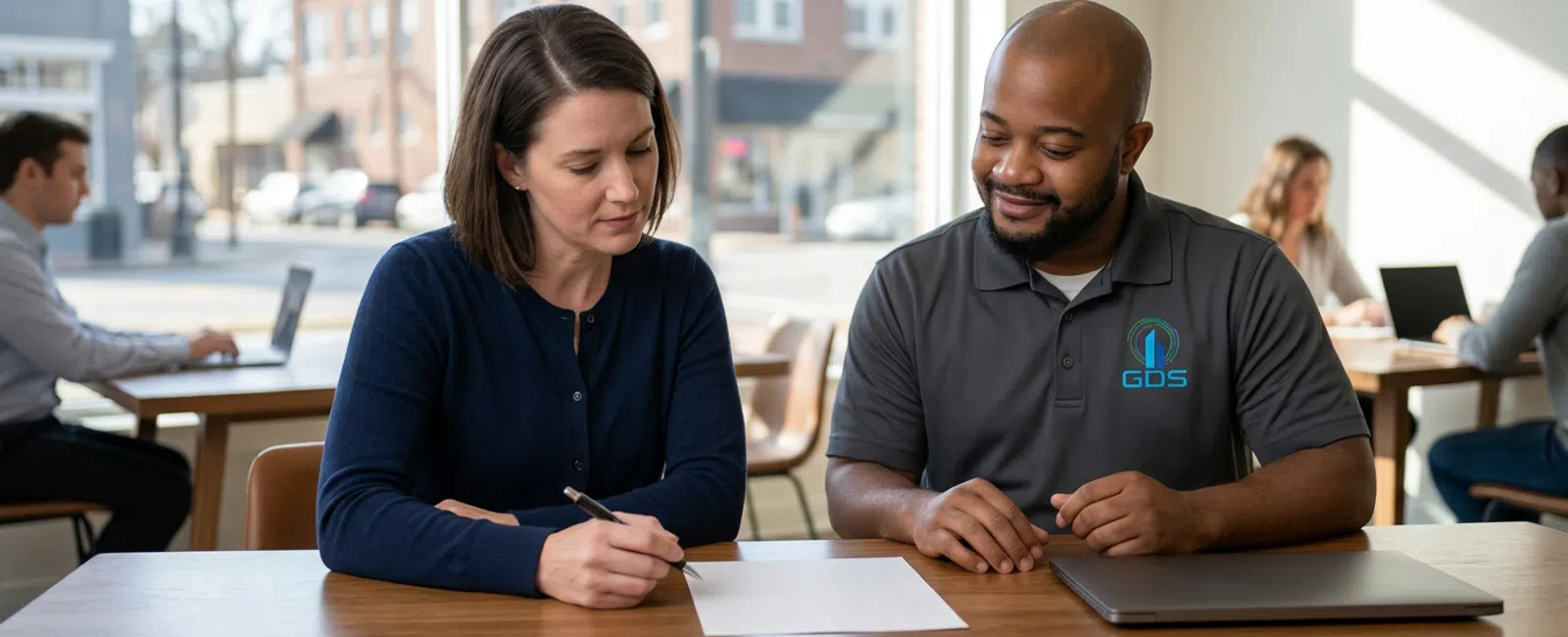 A GDS service technician in a charcoal gray polo quietly reviews a blank budget worksheet with a co-working operator at a shared workspace