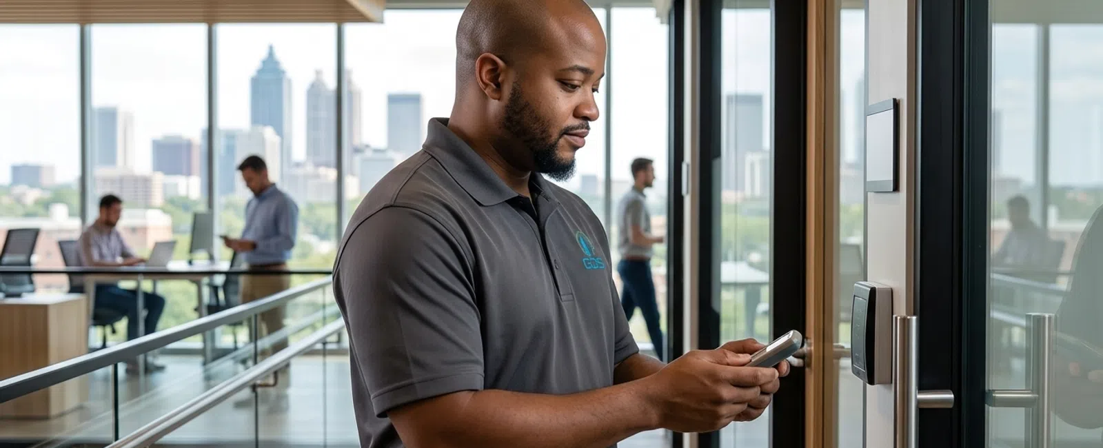 A focused charcoal-polo service technician tests a coworking meeting-room access reader beside its glass door, with Atlanta’s skyline