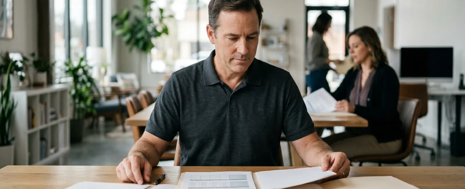 A focused small-business owner in a neighborhood office compares blank provider proposals at a conference table, weighing which technology
