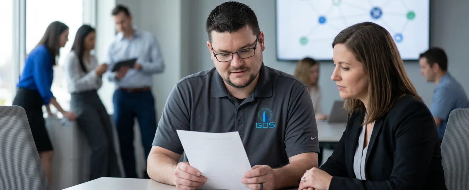 A GDS Technology engineer in a charcoal polo quietly reviews a blank incident-response checklist with a client’s office manager at a