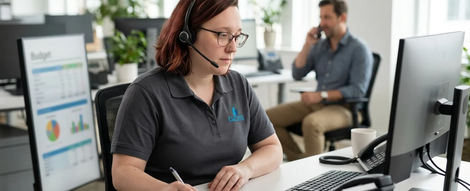 A focused dispatcher in a charcoal-gray polo and headset handles a small-business client’s cybersecurity budgeting call at the support