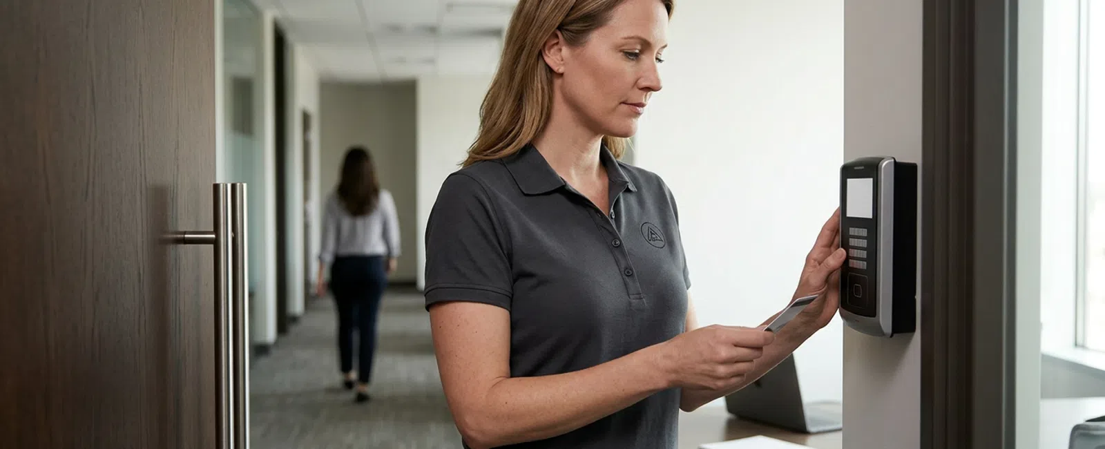 A close documentary-style view of a law firm administrator reviewing a physical access-control panel beside a secured client-records room