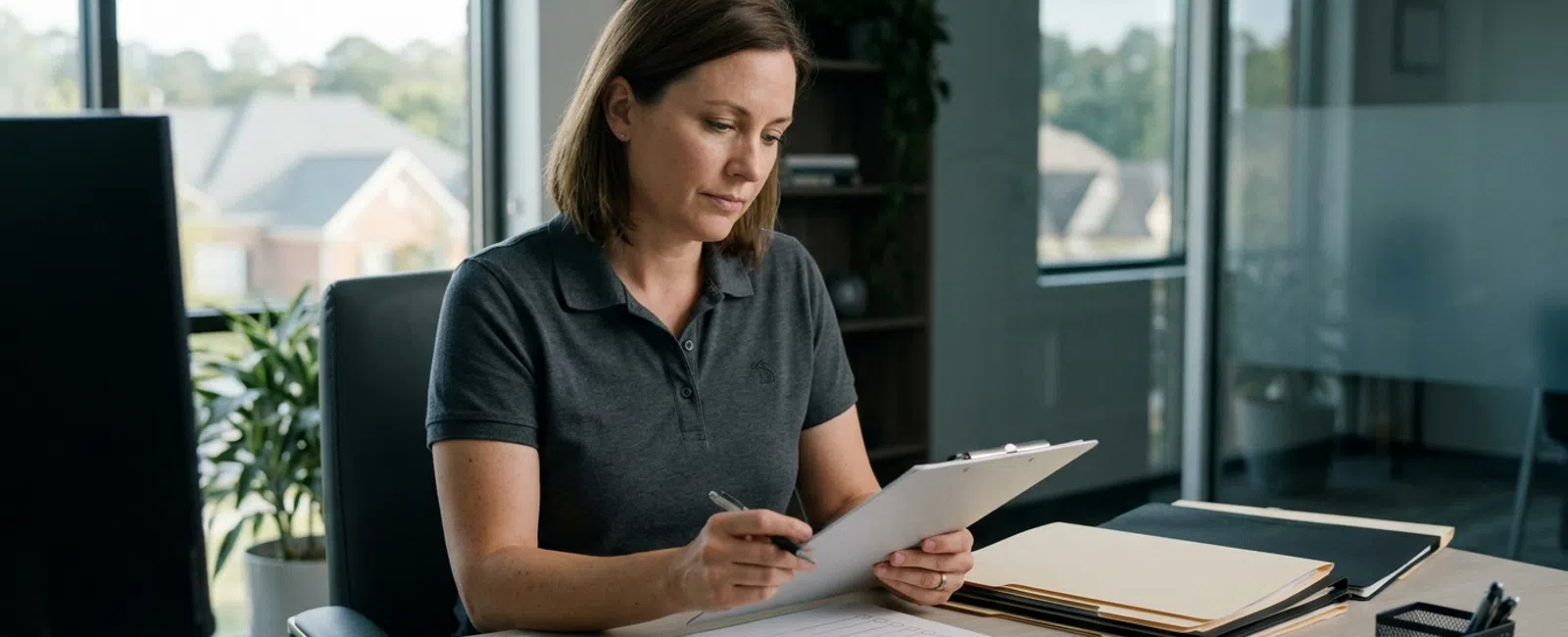 A focused Norcross law firm administrator reviews a blank provider-selection checklist beside confidential case folders in a quiet office