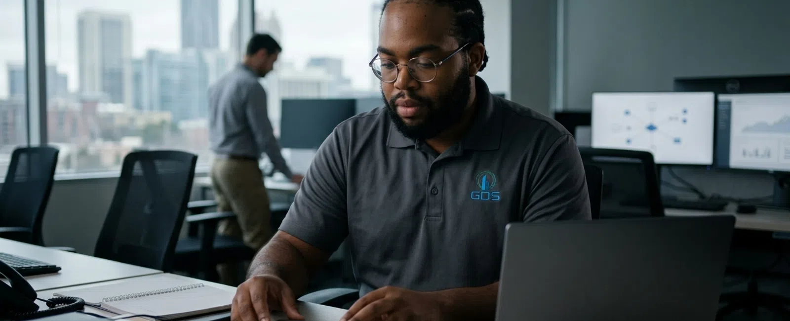 A focused GDS service technician in a charcoal-gray polo tests a portable backup connection at an Atlanta office workstation during a