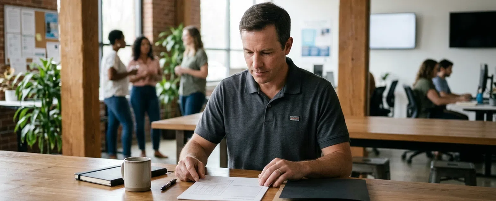 A nonprofit operations director in an Atlanta community office reviews a blank client-feedback form beside a closed folder of case studies
