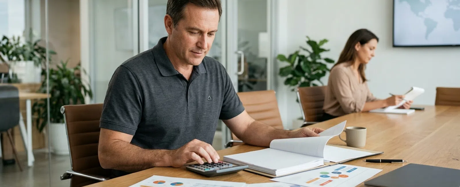 In a small-business conference room, an owner uses a calculator to compare blank cloud recovery proposals and scope restoration targets