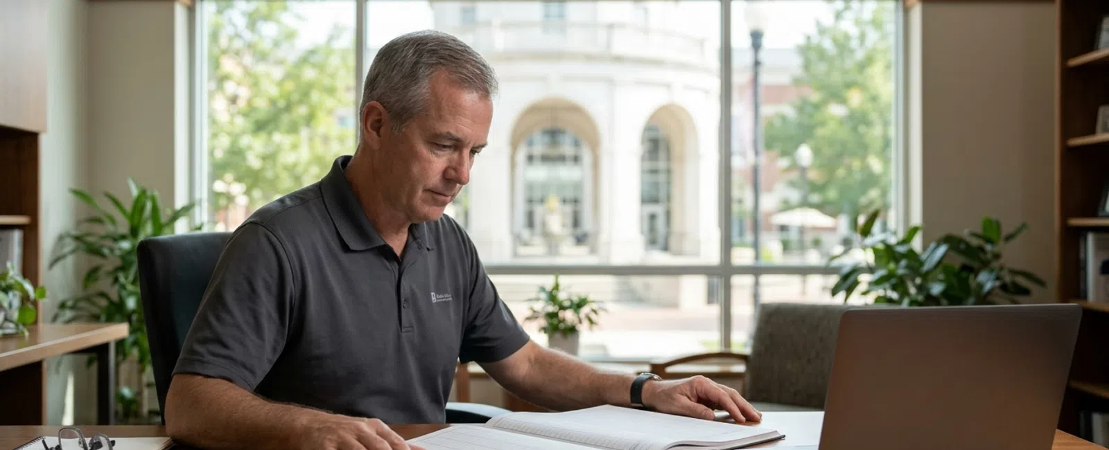 A commercial real estate firm’s owner studies an open monthly budget ledger in a Carmel office, with the Palladium’s white arches visible