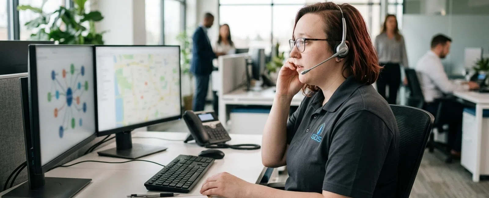 A focused dispatcher in a charcoal-gray polo and headset handles a client support call at a tidy service desk, with a blank evaluation