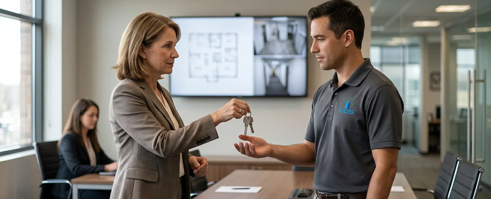 In a quiet law-office conference room, a focused administrator hands a plain set of access keys to a charcoal-polo technology consultant