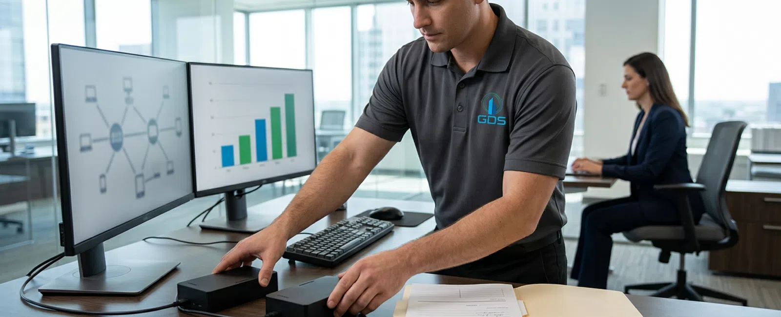A documentary-style close-up of a charcoal-polo technician carefully staging identical, unbranded docking stations at an active law-firm