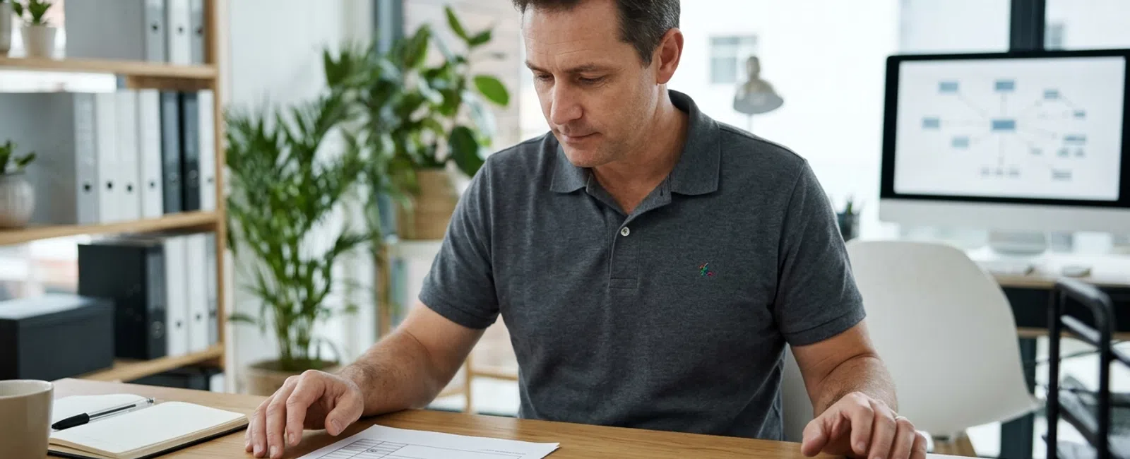 In a small-business office, the owner reviews a blank backup service quote beside a calendar and calculator, weighing monthly costs against