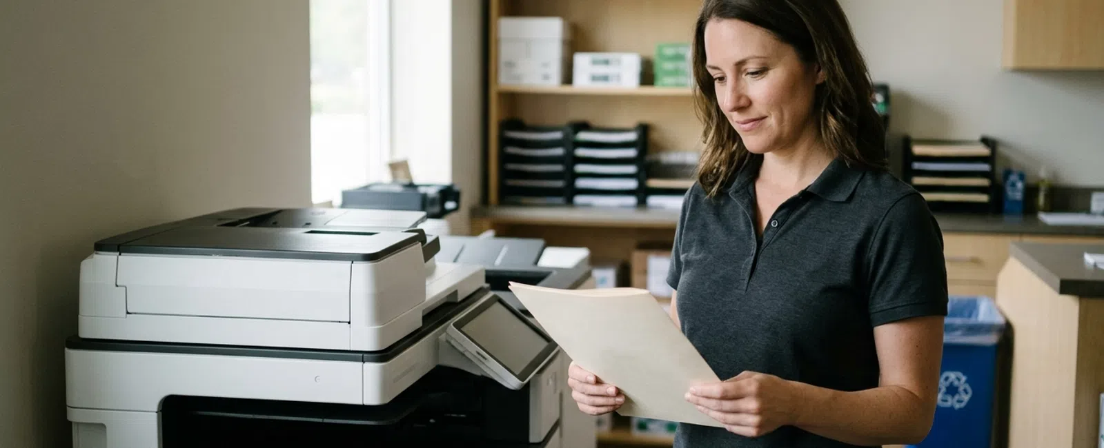 In a small-business copy room, an office manager examines a blank service proposal beside the shared multifunction printer while comparing