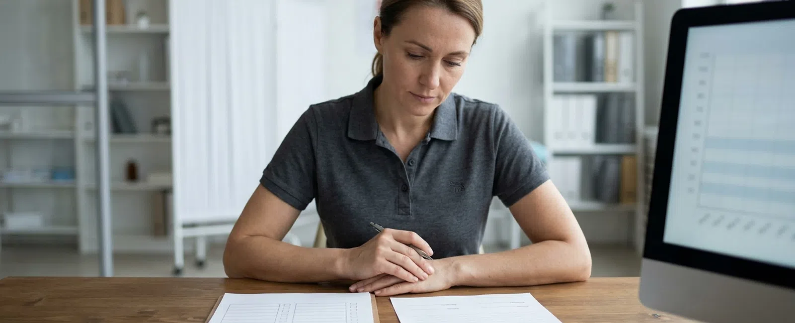 A focused clinic administrator reviews a blank recovery-and-support checklist beside an unsigned provider agreement in a quiet medical